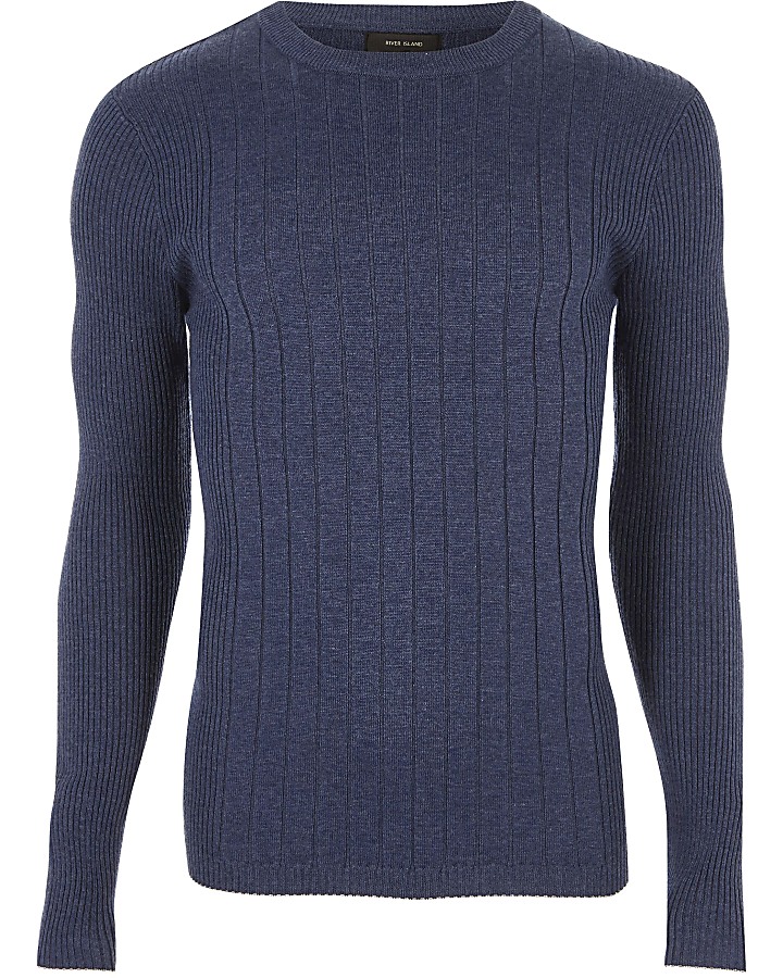 Blue mixed rib muscle fit jumper
