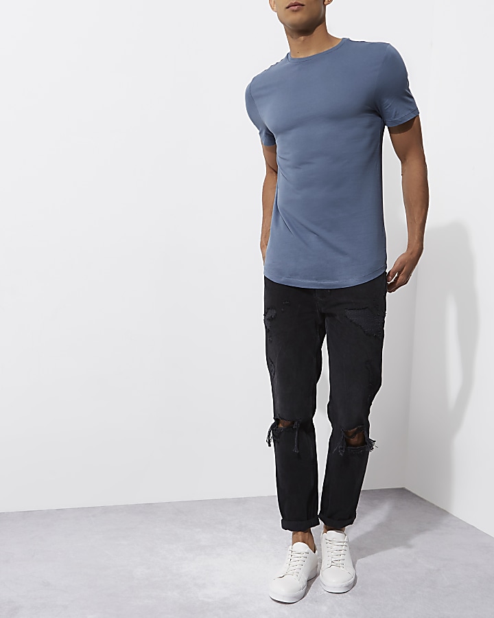 Blue curved hem longline T-shirt