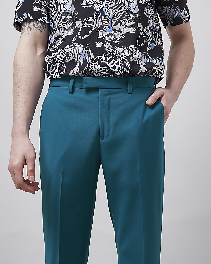 Teal blue skinny fit suit trousers