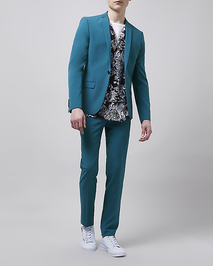 Teal blue skinny fit suit trousers