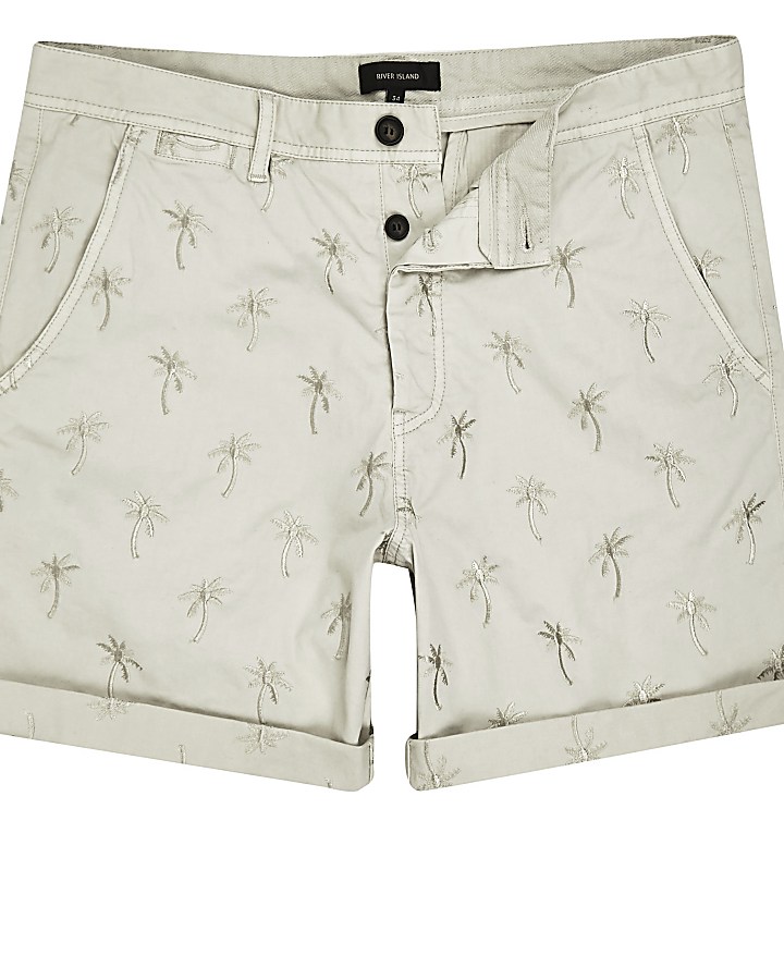 Beige palm tree print turn up shorts