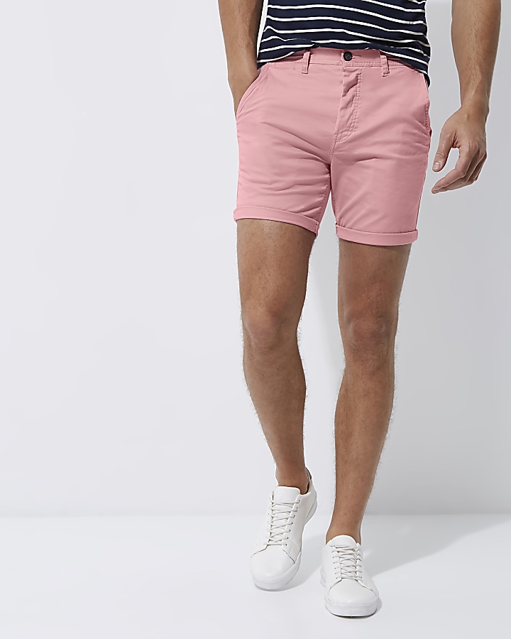 Pink slim fit turn up shorts