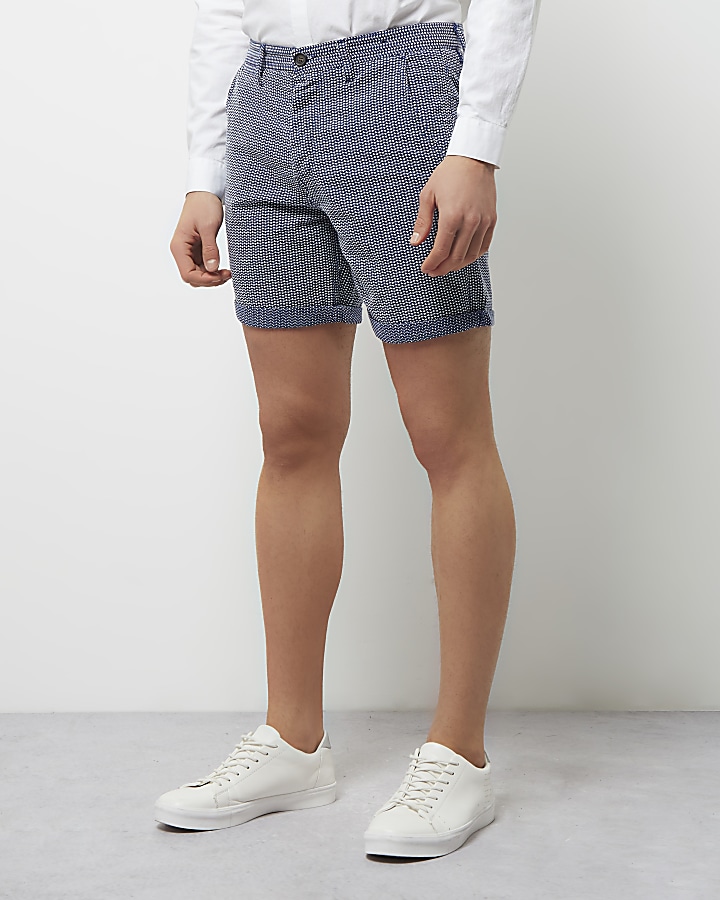 Navy blue textured slim fit shorts