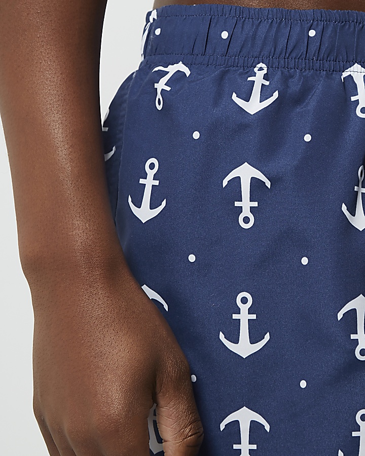 Navy anchor print slim fit swim shorts