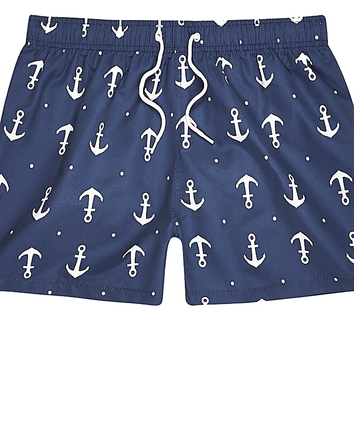 Navy anchor print slim fit swim shorts