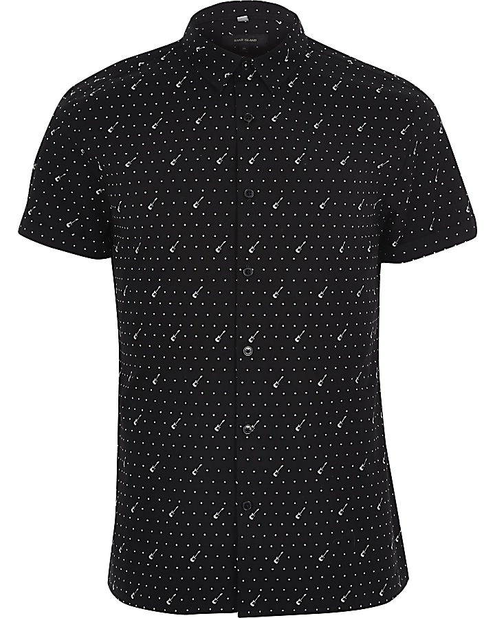 Black guitar print smart short sleeve shirt