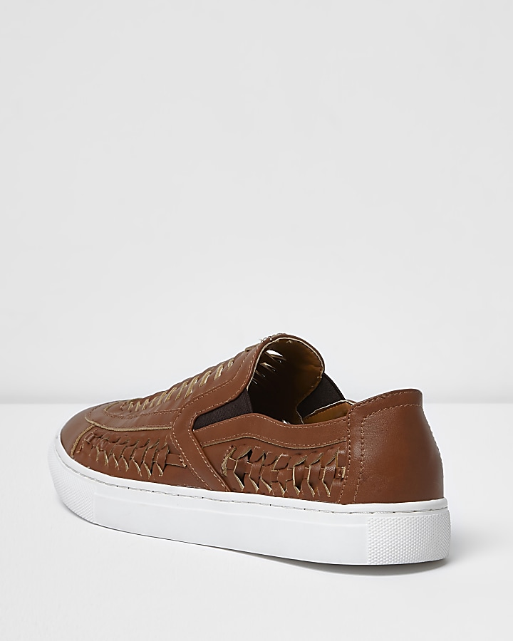 Brown faux leather woven plimsolls