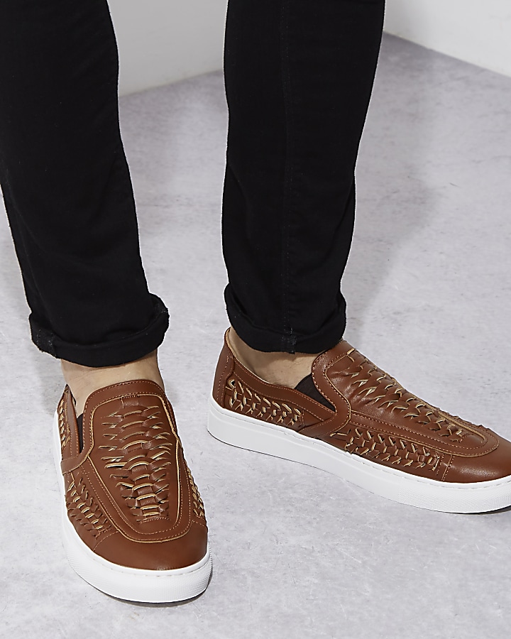 Brown faux leather woven plimsolls