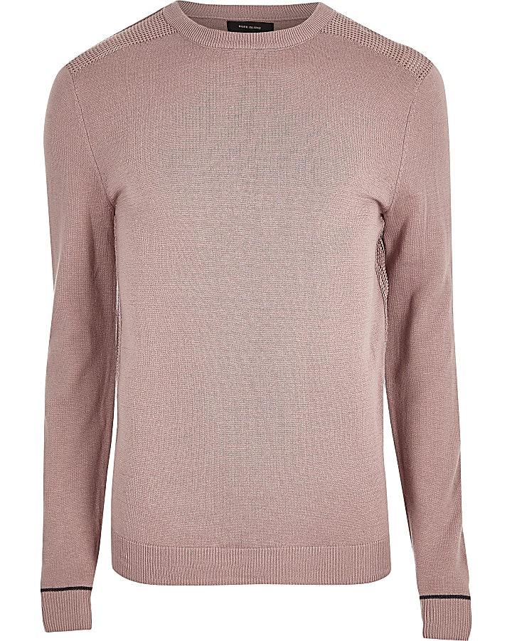 Light pink knit slim fit mesh panel jumper