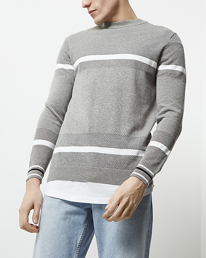 Grey knit mesh panel stripe jumper