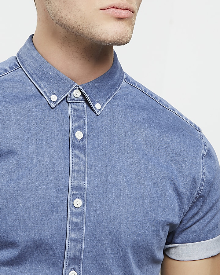 Mid blue short sleeve muscle fit denim shirt