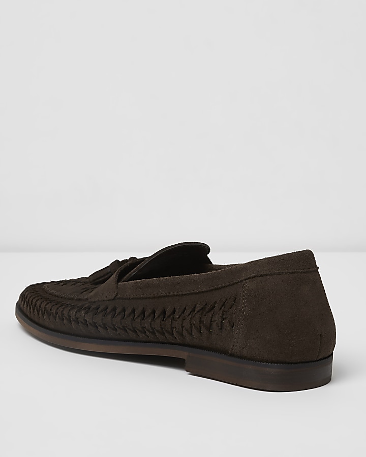 Dark brown woven suede loafers