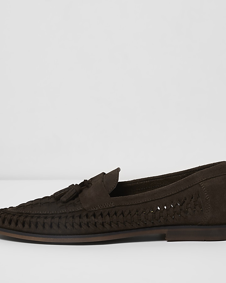 Dark brown woven suede loafers