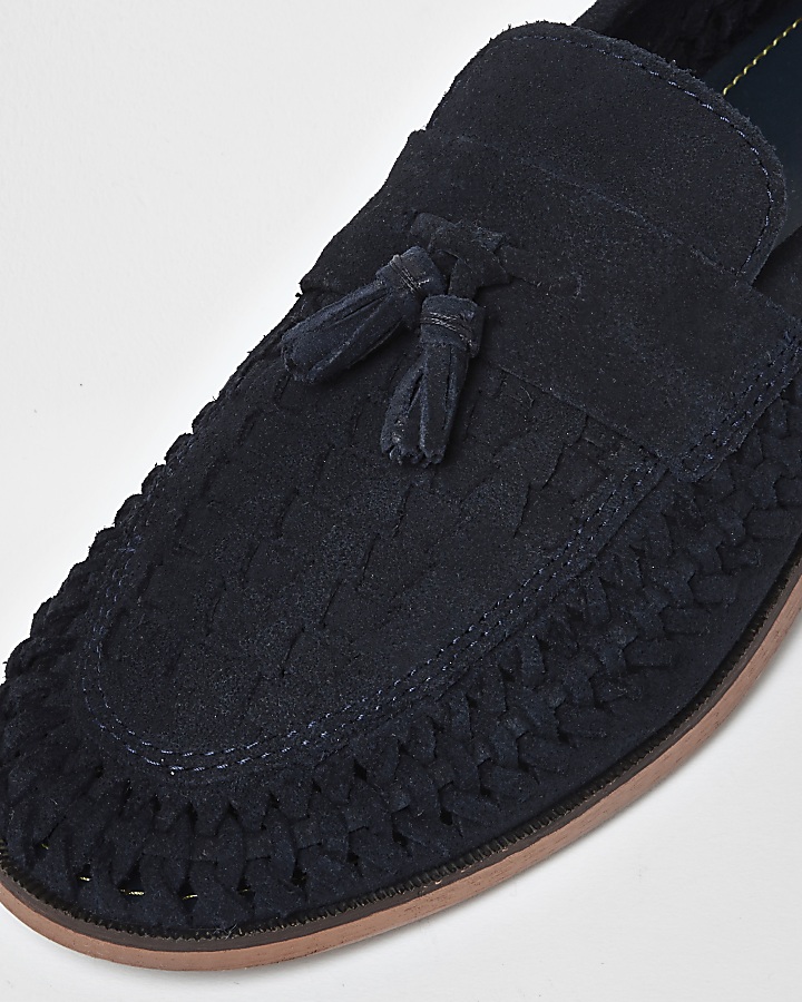 Navy blue woven suede loafers