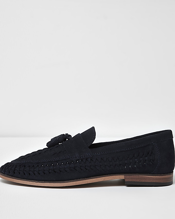 Navy blue woven suede loafers