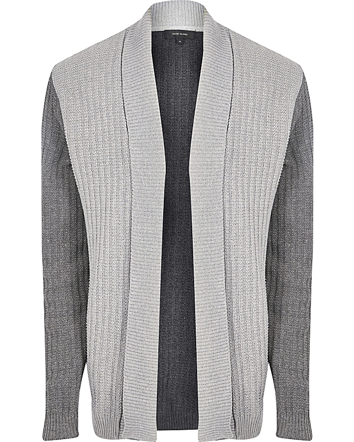 Grey contrast ribbed knit cardigan