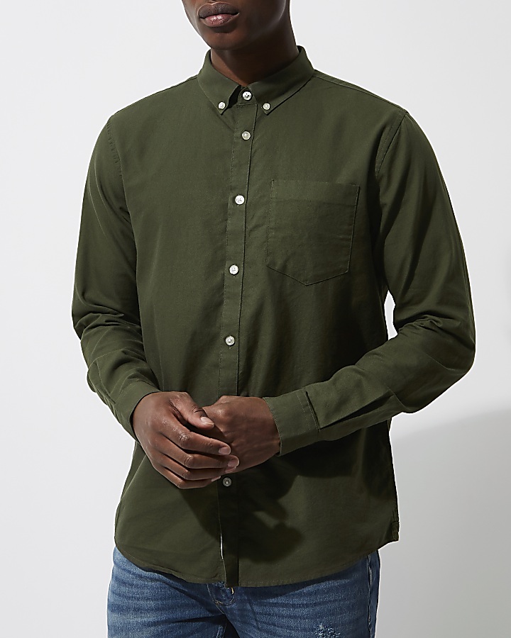 Green casual button-down Oxford shirt