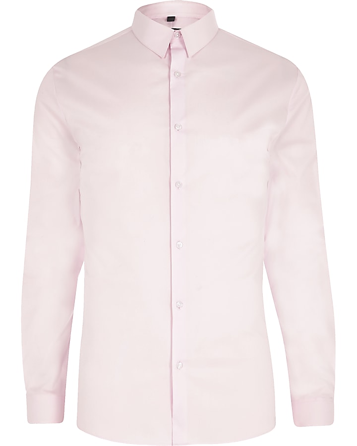 Pink poplin long sleeve muscle fit shirt