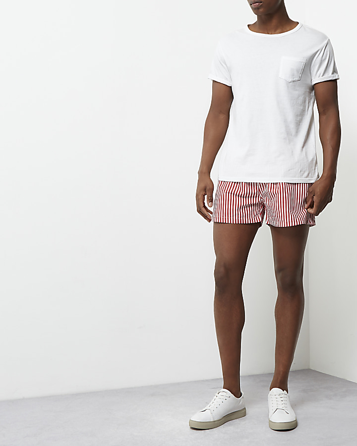 Red stripe print slim fit swim shorts