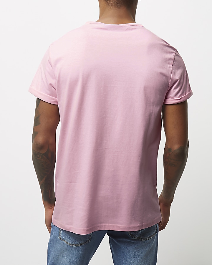 Light pink chest pocket roll sleeve T-shirt
