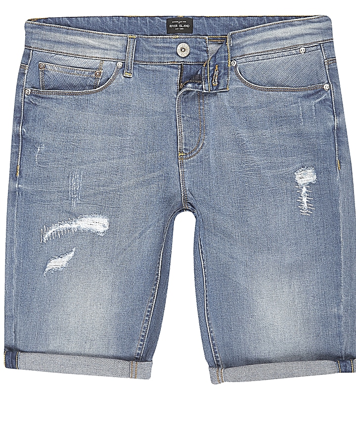 Blue wash distressed skinny fit denim shorts