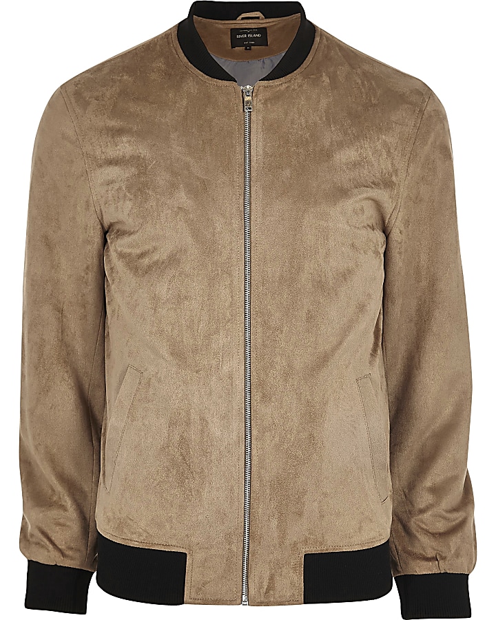Big and Tall stone faux suede bomber jacket