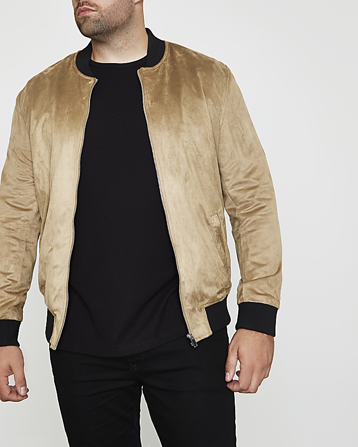 Big and Tall stone faux suede bomber jacket