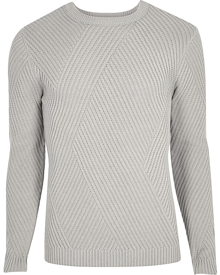 Grey ribbed panel slim fit jumper