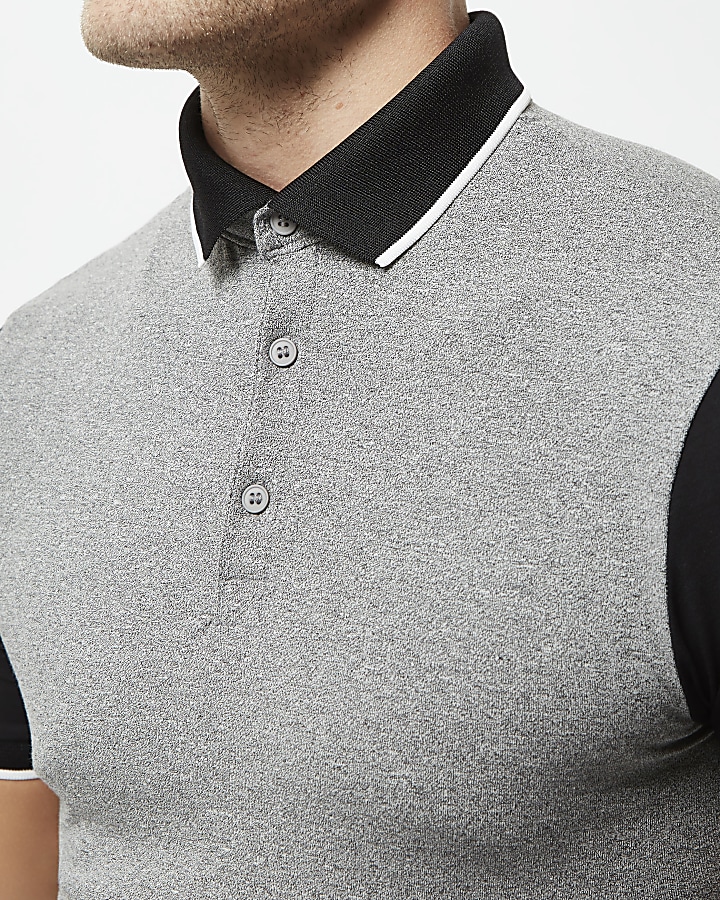 Grey contrast sleeve muscle fit polo shirt