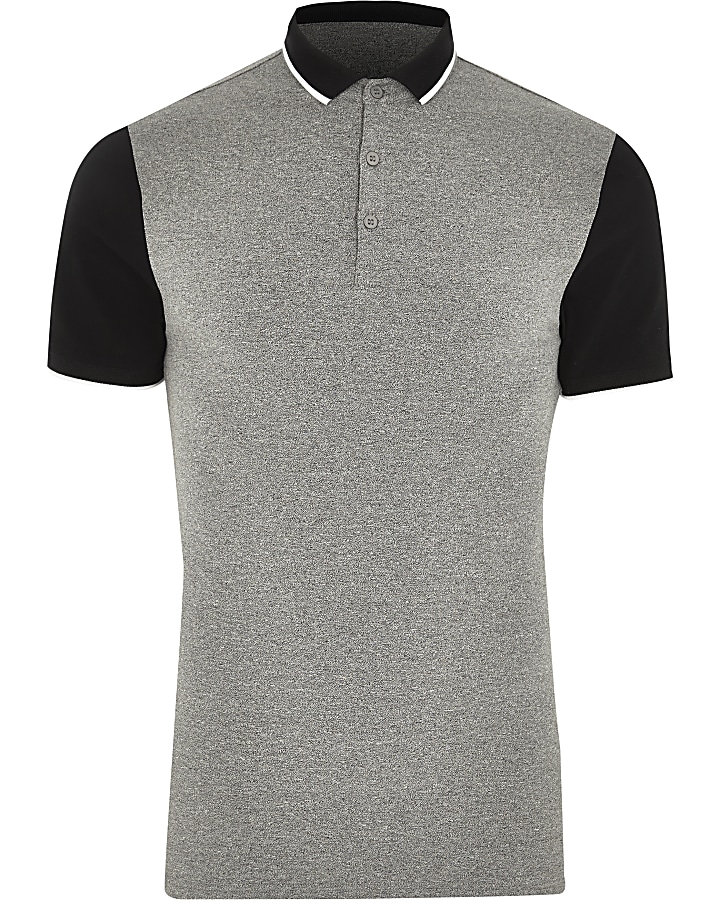 Grey contrast sleeve muscle fit polo shirt