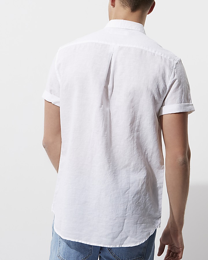 White linen blend short sleeve casual shirt