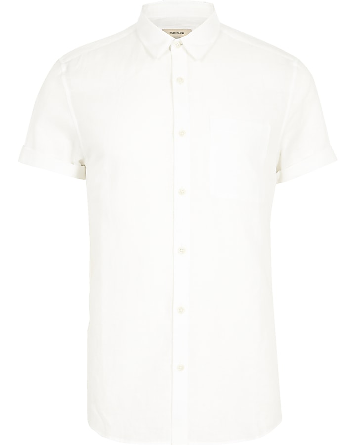 White linen blend short sleeve casual shirt