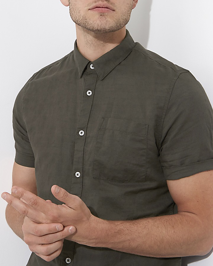 Khaki green linen blend short sleeve shirt