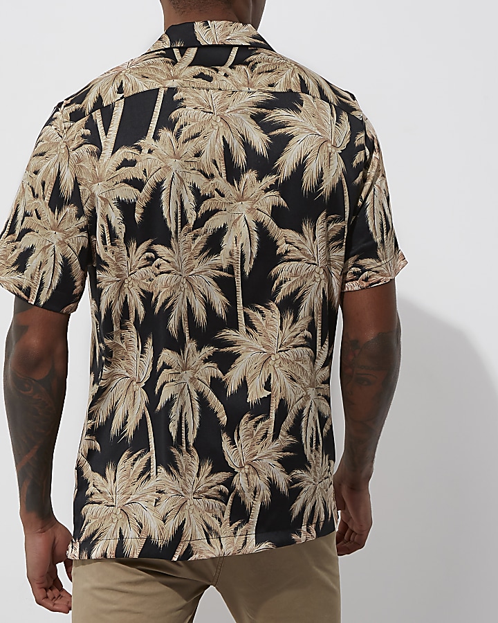 Black palm print short sleeve sateen shirt