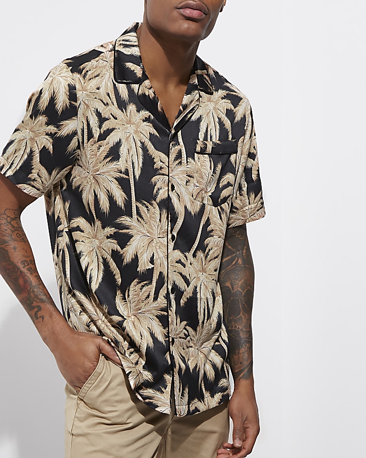 Black palm print short sleeve sateen shirt