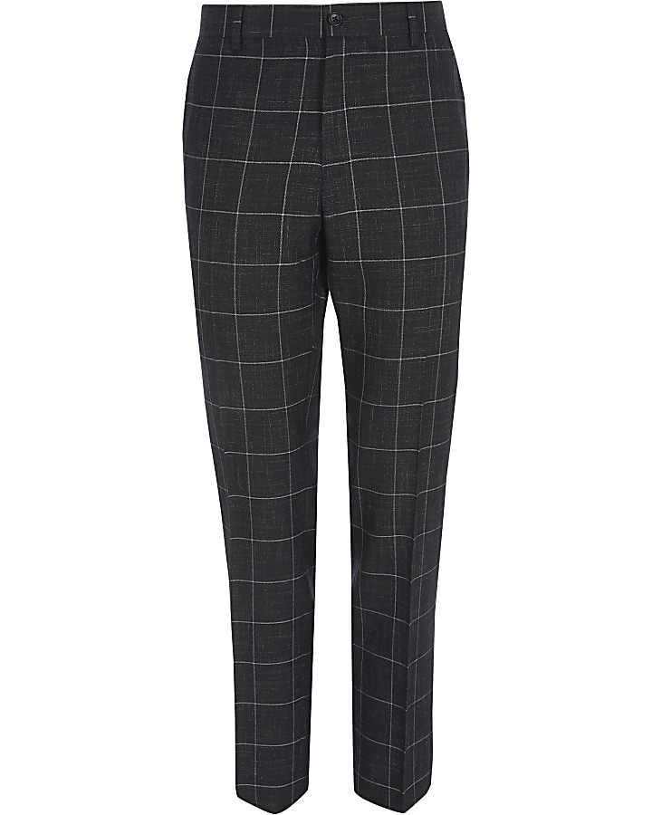 Navy window check skinny suit trousers