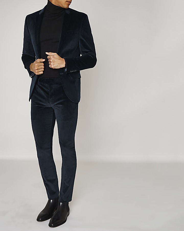Teal blue corduroy skinny fit suit trousers