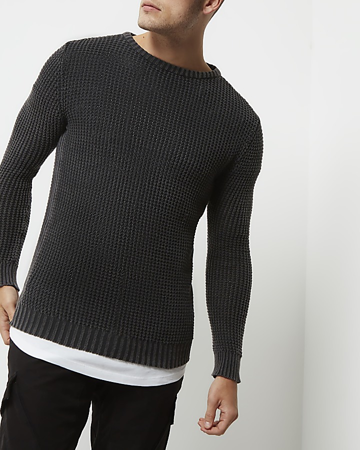 Grey acid wash slim fit knit jumper