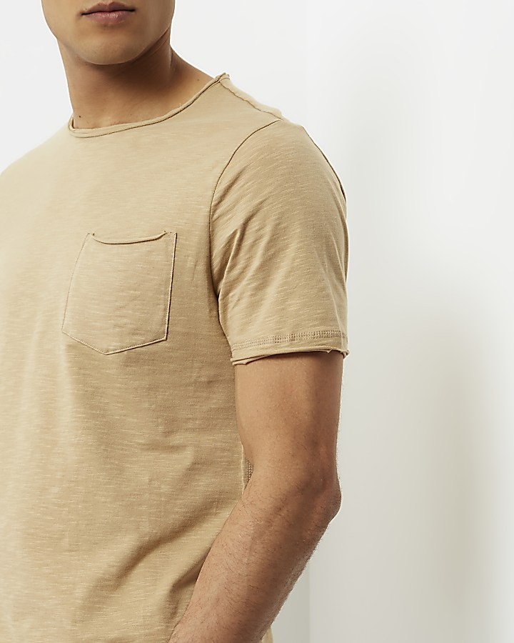 Brown slim fit raw cut pocket T-shirt