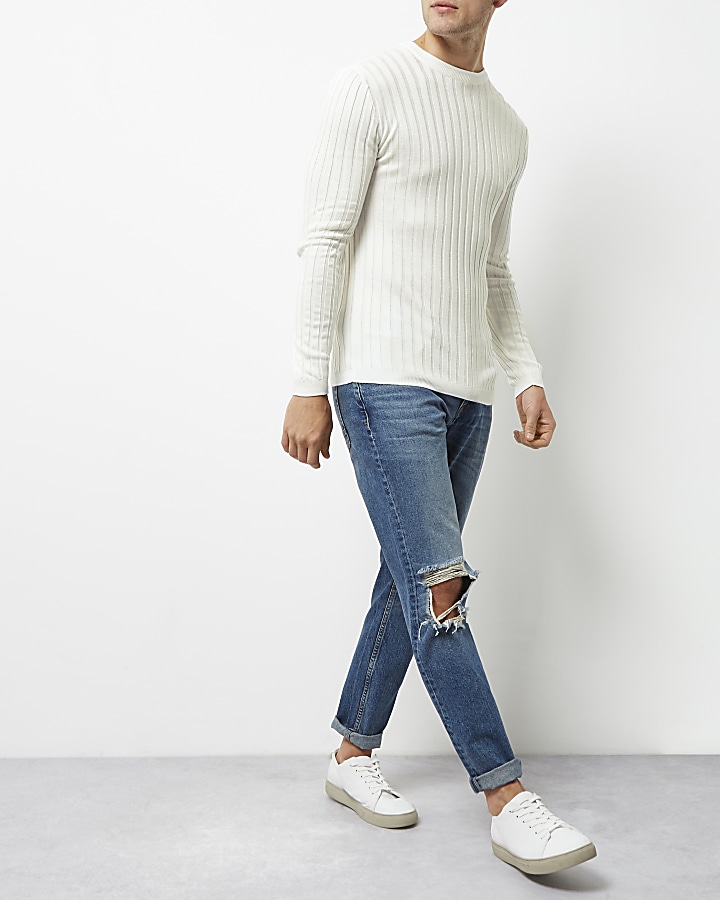 White ribbed muscle fit jumper