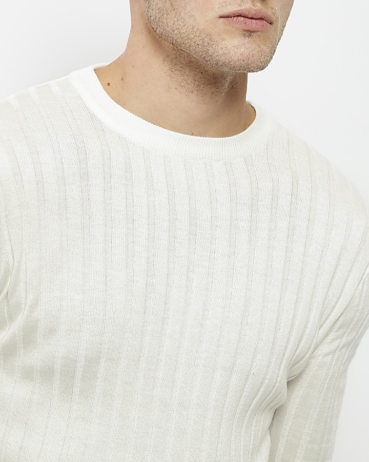 White ribbed muscle fit jumper
