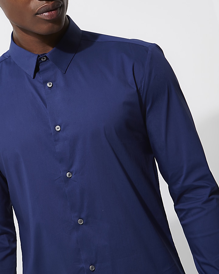 Blue micro point collar muscle fit shirt