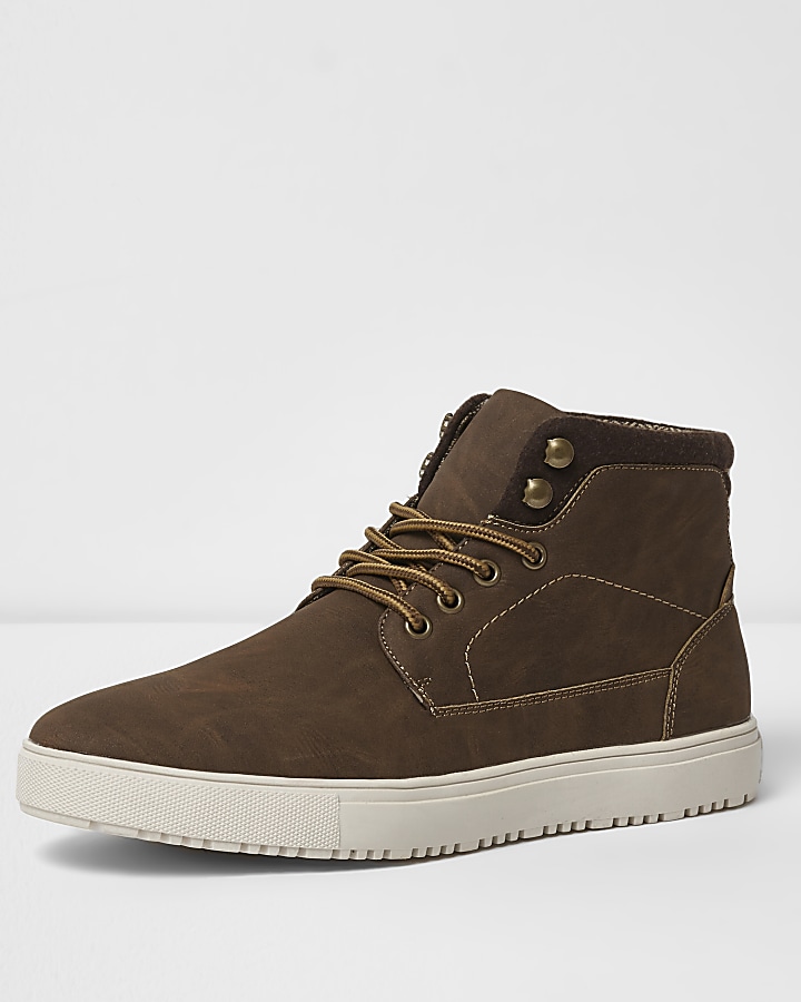Brown lace-up high top trainers