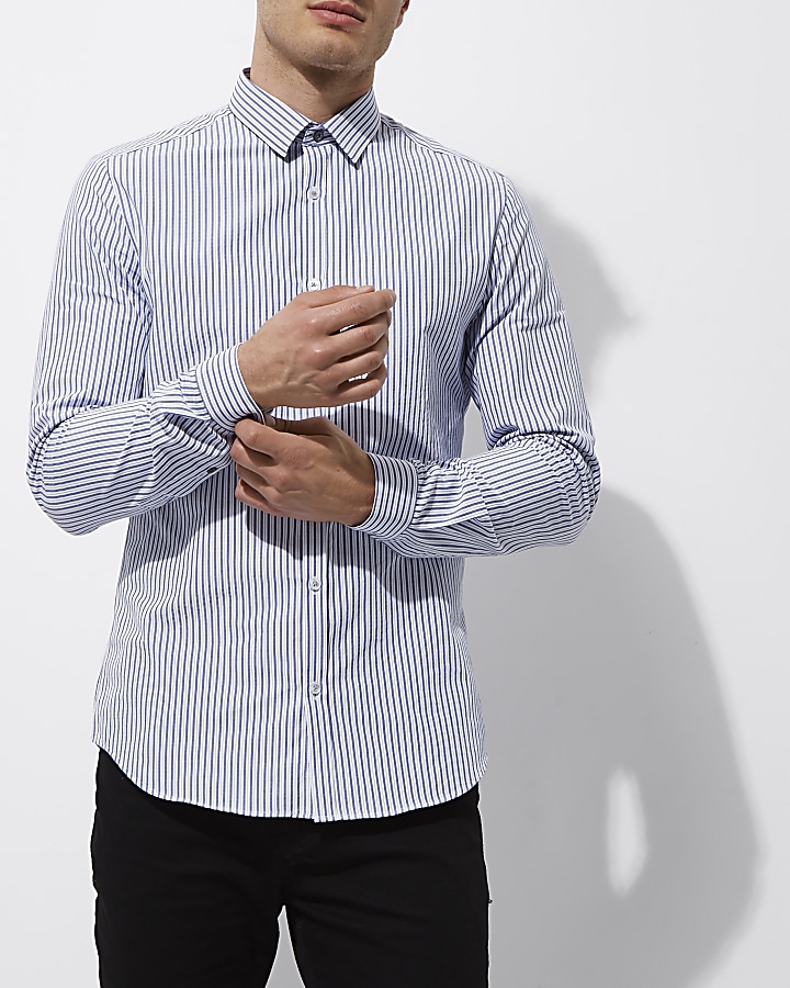 Blue poplin stripe print slim fit shirt