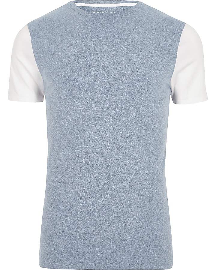 Blue muscle fit colour block sleeve T-shirt
