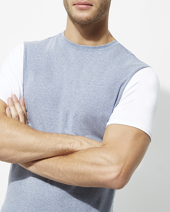 Blue muscle fit colour block sleeve T-shirt