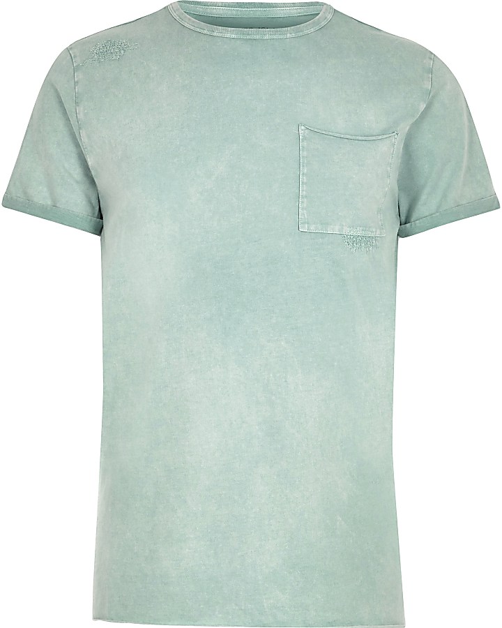 Light green washed crew neck slim fit T-shirt