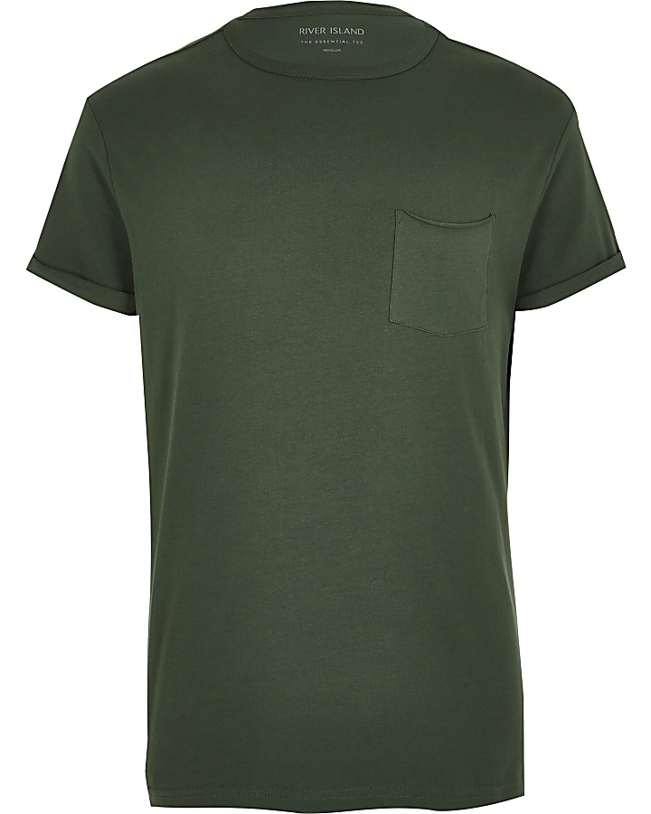 Green rolled sleeve pocket T-shirt