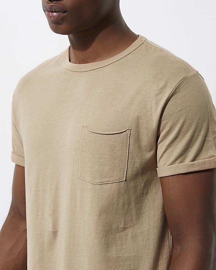Light brown rolled sleeve pocket T-shirt