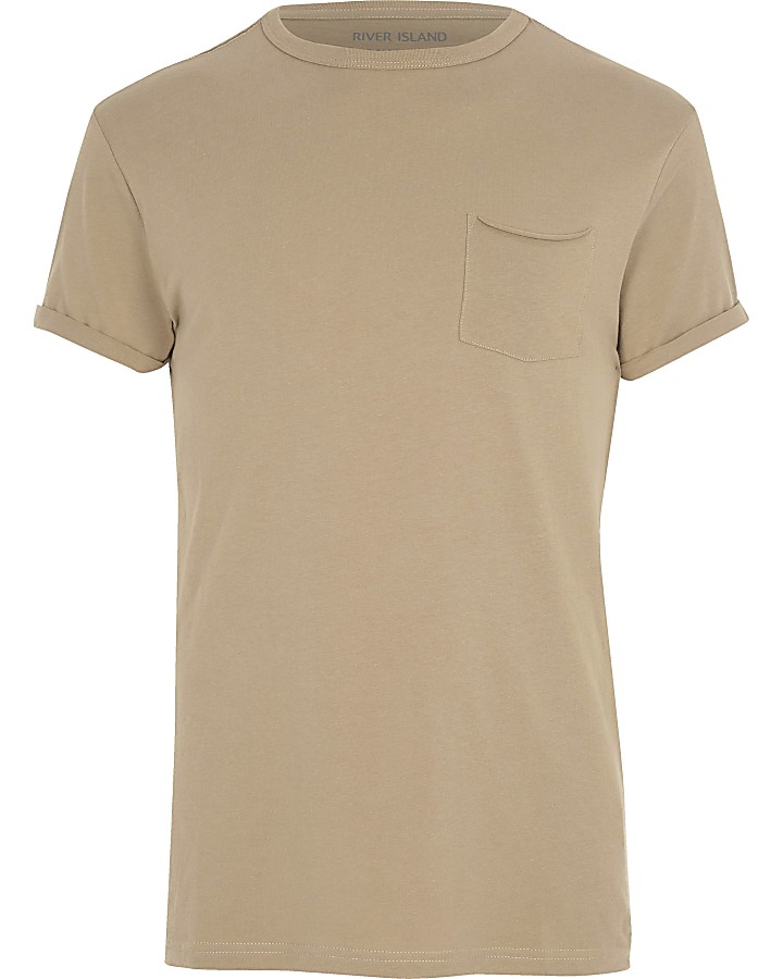 Light brown rolled sleeve pocket T-shirt